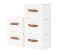 OUTBROS Large Collapsible Storage Box with Lid, Linen Fabric Clothing Shelf Basket Bins Box For Towels, Clothes 15 x 9.8 x 9.8 inch (White, 5-Pack)