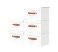 OUTBROS Large Collapsible Storage Box with Lid, Linen Fabric Clothing Shelf Basket Bins Box For Towels,Clothes 33 x 23 x 20 CM (White, 5-Pack)