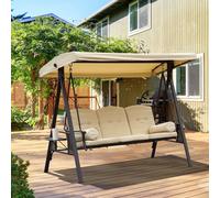 Outsunny 3 Seat Garden Swing Chair Patio Steel Swing Bench w/ Cup Trays Beige