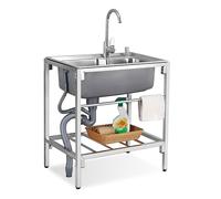 Outdoor 304 Stainless Steel Utility Sink - Free Standing Kitchen Set with Storage Shelve, Cold Hot Faucet for Laundry Room, Backyard, Garage (55cm/21.6in)