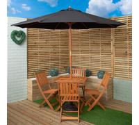 Outdoor 4 Person Folding Square Wooden Garden Dining Table Chairs Black Parasol and Base Set