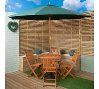Outdoor 4 Person Folding Square Wooden Garden Dining Table Chairs Green Parasol and Base Set