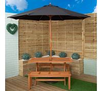 Outdoor 4 Person Rectangular Wooden Garden Dining Table, 2 Benches with Black Parasol and Base Set
