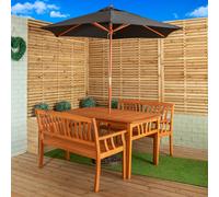 Outdoor 4 Person Rectangular Wooden Garden Dining Table & 2 Benches with Black Parasol & Base Furniture Set