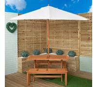 Outdoor 4 Person Rectangular Wooden Garden Dining Table, 2 Benches with Cream Parasol and Base Set