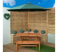 Outdoor 4 Person Rectangular Wooden Garden Dining Table, 2 Benches with Green Parasol and Base Set