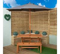Outdoor 4 Person Rectangular Wooden Garden Dining Table, 2 Benches with Grey Parasol and Base Set