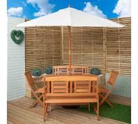 Outdoor 6 Person Folding Rectangular Wooden Garden Dining Table Chairs and 2 Benches Cream Parasol and Base set