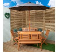 Outdoor 6 Person Folding Rectangular Wooden Garden Dining Table Chairs and 2 Benches Grey Parasol and Base set