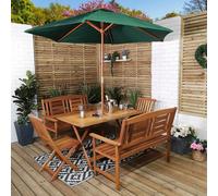 Outdoor 6 Person Folding Rectangular Wooden Garden Dining Table Chairs and 2 Benches Parasol and Base set