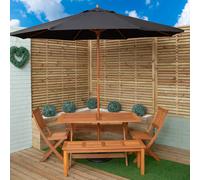 Outdoor 6 Person Rectangular Wooden Garden Dining Table, 2 Benches, Chairs with Black Parasol and Base Set