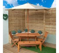 Outdoor 6 Person Rectangular Wooden Garden Dining Table, 2 Benches, Chairs with Cream Parasol and Base Set