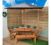 Outdoor 6 Person Rectangular Wooden Garden Dining Table, 2 Benches, Chairs with Grey Parasol and Base Set