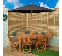 Outdoor 6 Person Rectangular Wooden Garden Patio Dining Table Chairs with Black Parasol and Base Set