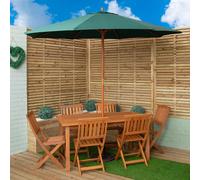 Outdoor 6 Person Rectangular Wooden Garden Patio Dining Table Chairs with Green Parasol and Base Set