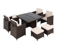 Outdoor 9pc Rattan Dining Set 4 Armchairs 4 Footrests & Glass Table Patio