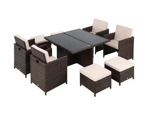 Outdoor 9pc Rattan Dining Set 4 Armchairs 4 Footrests & Glass Table Patio