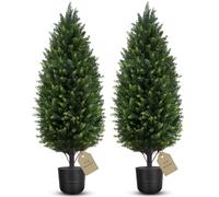 Outdoor Artificial Cedar Topiary Trees,2.3FT Fake Pine Cypress Trees Plant, Set of 2 UV Rated Potted Faux Cypress Plants for Home Front Door Offices