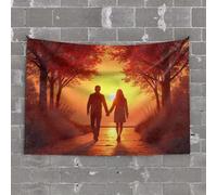 Outdoor Bar Accessories Decor A Couple Walks Hand in On A Path Lined with Autumn Trees As The Sun Sets Tapestry Man Cave Decorations Decor for Man Cave(75X100CM)