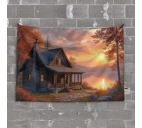 Outdoor Bar Accessories Decor Log Cabin by The Lake at Sunset Tapestry Man Cave Decorations Decor for Man Cave(100X150CM)