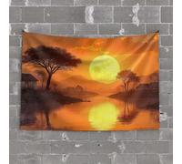 Outdoor Bar Accessories Decor Sunset Over A Serene Lake with A Large Moon Rising Tapestry Man Cave Decorations Decor for Man Cave(100X150CM)