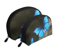 Outdoor Beautiful Blue Butterfly Print Shell-Shaped 2-Piece Makeup Bag Set Travel Cosmetic Organiser Stylish Storage for Beauty & Gifts for Women Girls