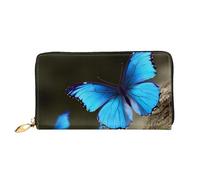 Outdoor Beautiful Blue Butterfly Printed Leather Wallet for Men Women, Long Clutch Handbag with 12 Card Holder and 3 Money Clip