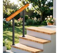 Outdoor Black Metal Iron & Wooden Hand Railing Kit, Fits 1-2 Steps