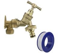 Outdoor Brass Garden Tap 15mm Copper Pipe Wall Back Plate with Hose Connector +PTFE Thread Seal Tape