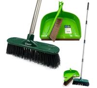 Outdoor Broom with 4-Piece Handle, Garden Dustpan and Brush Sets, Stiff Bristles Brush and Pan Set, Dustpan with Serrated Edges, Leaf Collector for Patio, Decking, Driveway Cleaning