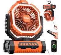 Outdoor Camping Fan with Light, 20000mAh Battery Powered, Rechargeable Portable Fan with Remote Control and 360° Rotating Hook, 4 Speeds for Indoor, Traveling, Tenting, RVing, Fishing, Beach (Orange)