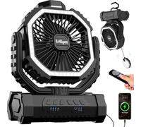 Outdoor Camping Fan with Light, 20000mAh Battery Powered, Rechargeable Portable Fan with Remote Control and 360° Rotating Hook, 4 Speeds for Indoor, Traveling, Tenting, RVing, Fishing, Beach (Black)