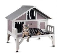 Outdoor Cat House Weatherproof Feral-Cat-Shelter for Winter Large Wooden Pet House for Multiple Cats,with Balcony Escape Doors,Gray