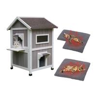 Outdoor Cat House with Mat, Large Outdoor Houses for Feral Cats Wooden Outside Cat Shelter Weatherproof with Escape Door