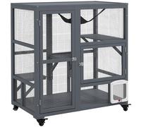 PawHut Cat Cage House Catio on Wheels Weather-Resistant Wooden Light Grey | Cat Indoor Enclosure, Kitty Cage with Platforms, Hammock