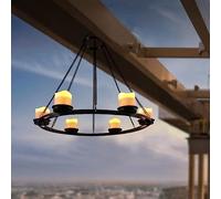 Outdoor Chandelier Solar, Hanging Candle Lantern with 7pcs Solar-Powered Votive Lights in Matt Black Metal Holders for Home, Garden, Backyard, Pergola, Gazebo, Tree, Window