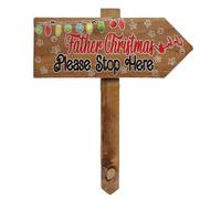 Outdoor Christmas Decoration, Father Christmas Please Stop Here Sign with Stake, Wooden Arrow Pointing Right or Left, Tree Light Snowflake Design Seasonal Décor, Garden Sign