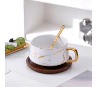 Outdoor Christmas Decorations 12oz Ceramic Stone Like Tea Cup with Wooden Saucer Ceramic Coffee Cup Cappuccino Elegant Gold Inlay Fashion Stone Pattern for Women.(White, 15x15x10cm)