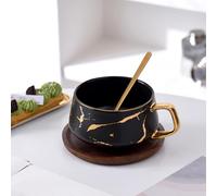 Outdoor Christmas Decorations 12oz Ceramic Stone Like Tea Cup with Wooden Saucer Ceramic Coffee Cup Cappuccino Elegant Gold Inlay Fashion Stone Pattern for Women.(Black, 15x15x10cm)
