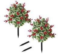 Outdoor Christmas Decorations, Set of 2 Outdoor Christmas Tree with Ground Spike, 22 Inch Christmas Artificial Plant with Red Berries, Evergreen Fake Bushes Plants for Porch Patio Garden Decor (2PC)