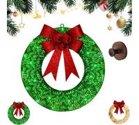 Outdoor Christmas LED Wreath, Large Illuminated Metal Window Christmas Decorations, Indoor Hanging Glowing Holiday Decor with Lights and Red Bow for Front Door, Wall, Party Supplies