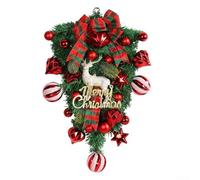 Outdoor Christmas wreath featuring an upside down reindeer with red berries, made from plastic, suitable for front door or yard seasonal holiday decoration