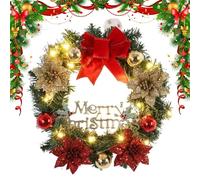 Outdoor Christmas Wreath with Lights, Illuminated Wreaths for Christmas Outdoors, Large 15.75 Inch Christmas Wreaths with Red Bow and Coloured Baubles - Holiday Artificial Door Hangings
