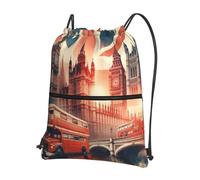 Outdoor Collage-Vintage-Of-London Casual Drawstring Backpack With Zipper Pocket, Drawstring Sports Bag For Gym And Daily Use