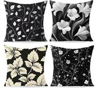 Outdoor Cushion Covers 14x14 Inch, 4 Pack Waterproof flower black Throw Pillow Cases, Decorative Outdoor Couch Pillow Covers for Cushion Patio Porch Farmhouse Patio Garden Balcony PjY291 C-C