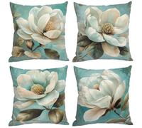 Outdoor Cushion Covers 16x16 inch Set of 4 40x40cm Garden Summer Cushion Cover Decorative Square Throw Pillow Covers Green Magnolia Flower Cushion Cases with Invisible Zipper for Sofa, Couch, Patio