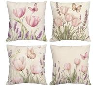 Outdoor Cushion Covers 50x50 cm Beige Cushions Waterproof Linen Square Pack of 4 Throw Pillow Covers Tulip Decorative Pillowcases for Garden Furniture Sofa Bench Farmhouse Home Decor, Gifts Y-1217