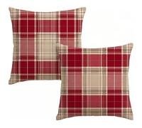Outdoor Cushion Covers 55 x 55 Set of 2, Red Cushion Covers Waterproof Soft Velvet Decorative Pillowcovers 22 x 22 inch, Tartan Throw Pillow Cases for Garden Bench Living Room Sofa Bed Decor I-6