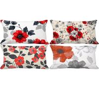 Outdoor Cushion Covers 60 x 80 Red Cushion Covers Waterproof Linen Set of 4 Sofa Decorative Pillows Flower Pattern Design with Invisible Zip for Livingroom Couch Bedroom Patio Garden Home Decor y7-822