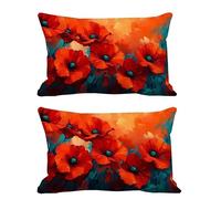 Outdoor Cushion Covers Red Cushions Waterproof Super Linen Throw Pillow Covers Opium Poppy,Set of 2 Oblong Decorative Pillows for Living Room Sofa Bedroom Balcony Patio Garden Chair 80x100cm G455
